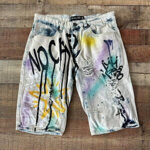 Blue Cult Men's "No Cap" Denim Graffiti Shorts -30"